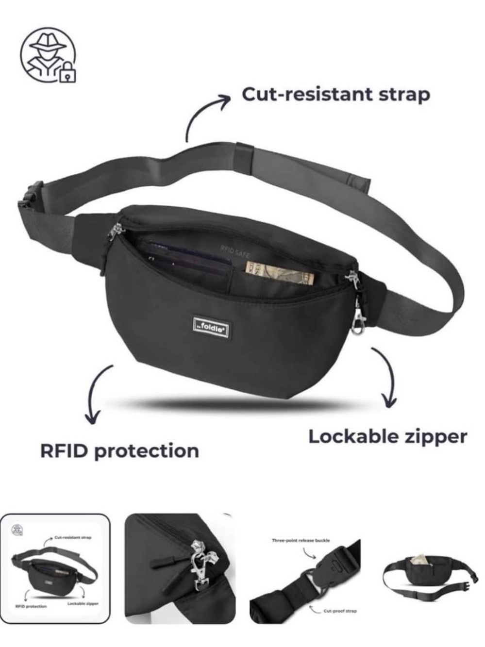 The Foldie Crossbody Fanny Pack Belt Bag Black Anti Theft RIFD Foldable